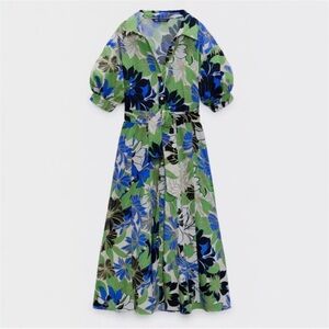 Zara Floral Midi Shirt Dress Cotton Belted Puff Sleeve Blue Green V-Neck Medium